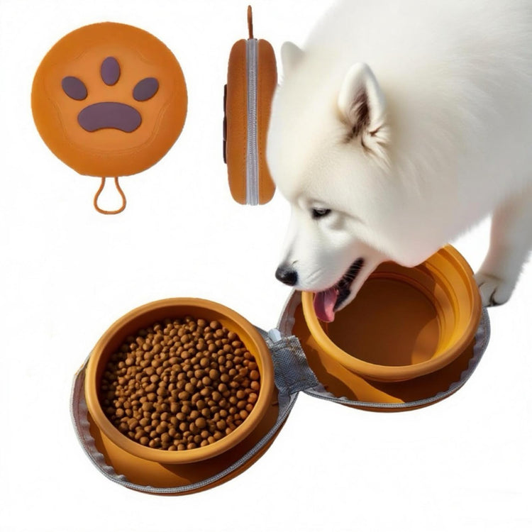 Bear Paw Foldable Pet Bowl, Dual Bowl Design for Food and Water,6.1in，Pink,Orange and Beige (Pink)