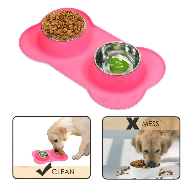AsFrost Dog Food Bowls Stainless Steel Pet Bowls & Dog Water Bowls with No-Spill and Non-Skid, Feeder Bowls with Dog Bowl Mat for Dogs Cats and Pets-Pink, 24 0z in Total