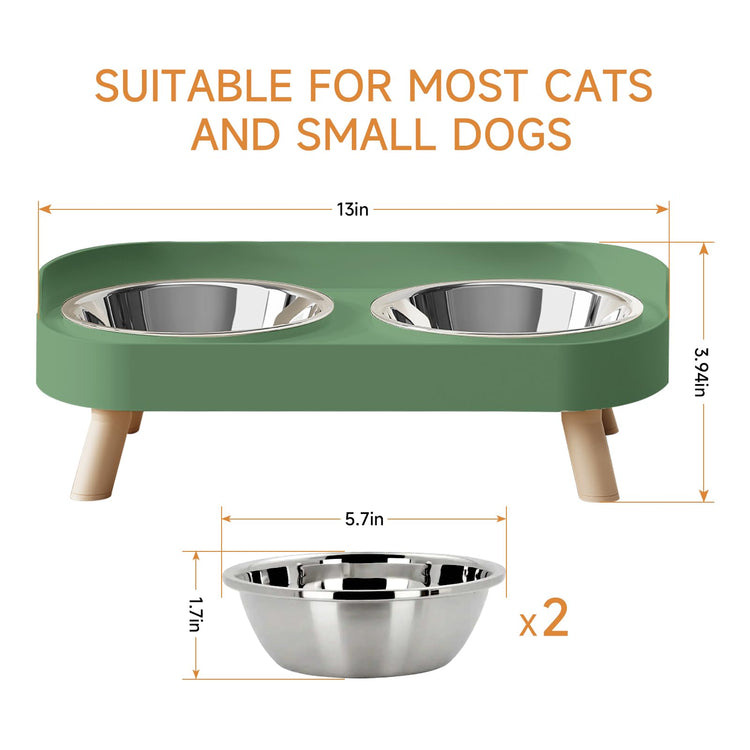 Elevated Cat Bowl, Raised Cat Food and Water Bowl Set for Indoor Cats, Splash Proof with 2 Stainless Steel Pet Food Bowls for Cats and Puppies, Whisker Fatigue and Dishwasher Safe - White
