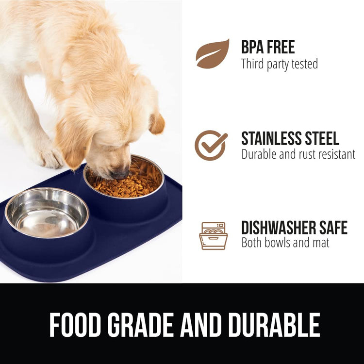 GORILLA GRIP Feeding Mat Set, Patent Pending 100% Waterproof BPA Free Silicone, Stainless Steel Cat and Dog Bowls, Slip Resistant, 1 Black mat/tray with 2 stainless steel bowls