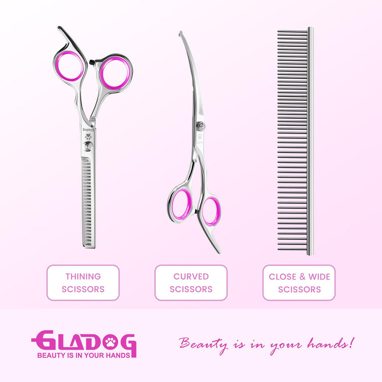 GLADOG Professional 5 in 1 Dog Grooming Scissors Set with Safety Round Tips, Sharp and Heavy-duty Pet Grooming Shears for Cats
