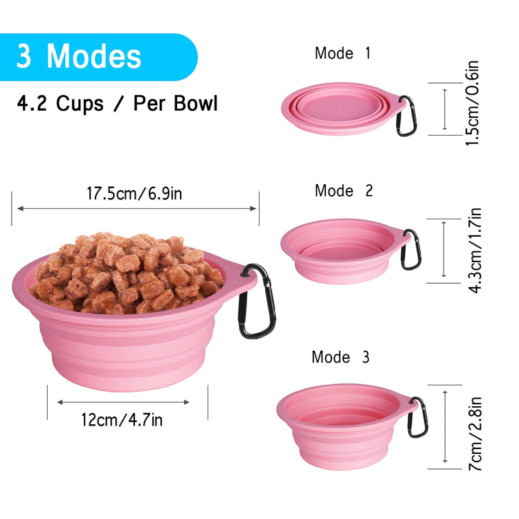 PetBonus 2-Pack Silicone Collapsible Dog Bowls, BPA Free Dishwasher Safe, Portable Foldable Expandable Travel Bowl, Food Water Feeding Cup Dish for Dogs Cats with 2 Carabiners (Turquoise, Tan)