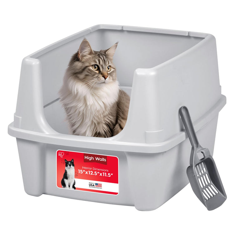 IRIS USA Cat Litter Box Large Open Top with High Sided Walls Tall Scatter Shield Scoop Included Easy Clean Plastic Pan Stain Resistant for Big Cats Kittens Indoor Multi-Cat Households