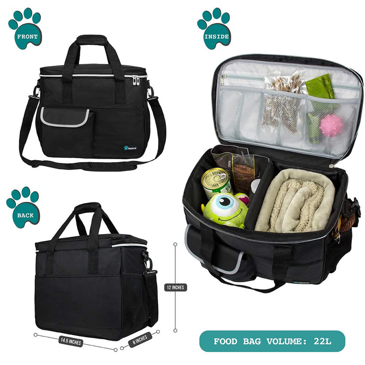 PetAmi Dog Travel Bag Organizer, Pet Travel Kit with 2 Food Containers & 2 Collapsible Dog Bowls, Pet Supplies Tote with Luggage Sleeve, Weekend Road Trip Camping Essentials, Dark Gray, Medium