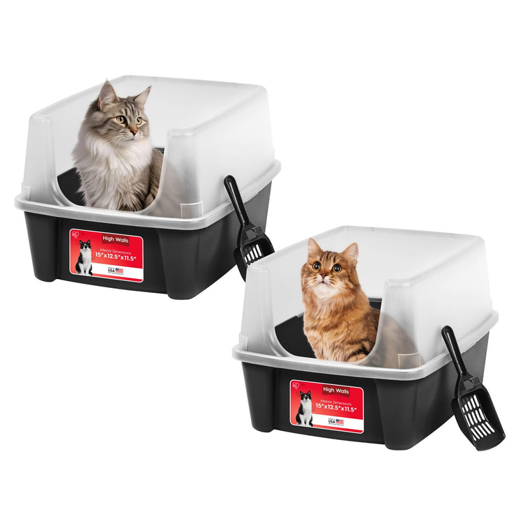 IRIS USA Cat Litter Box Large Open Top with High Sided Walls Tall Scatter Shield Scoop Included Easy Clean Plastic Pan Stain Resistant for Big Cats Kittens Indoor Multi-Cat Households