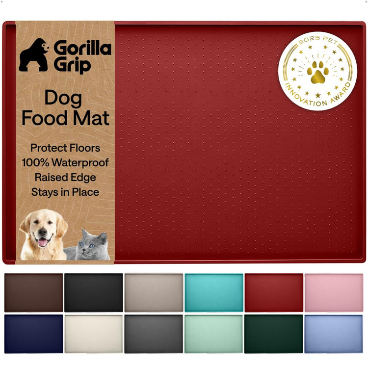 GORILLA GRIP 100% Waterproof Raised Edge BPA Free Silicone Pet Feeding Mat, Dog Cat Food Mats Contain Spills Protects Floors, Placemats for Cats and Dogs Water Bowl, 18.5x11.5, Gray
