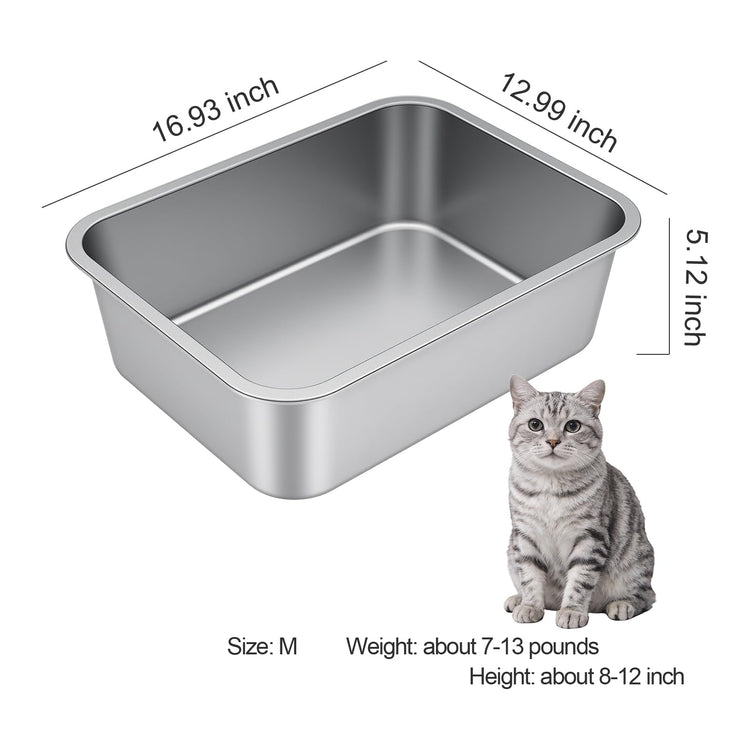 Stainless Steel Litter Box with High Sided, Metal Cat Litter Box, Odor-Free, Non-Stick Litterbox Pan, Easy to Clean Pet Supplies Toilet Tray for Indoor Cats, Kittens or Multicat Homes
