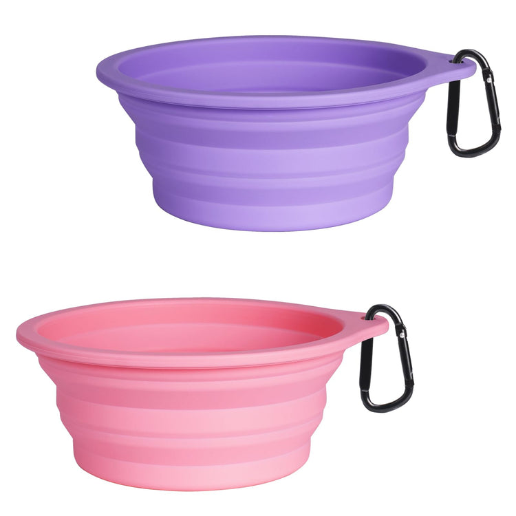 PetBonus 2-Pack Silicone Collapsible Dog Bowls, BPA Free Dishwasher Safe, Portable Foldable Expandable Travel Bowl, Food Water Feeding Cup Dish for Dogs Cats with 2 Carabiners (Turquoise, Tan)