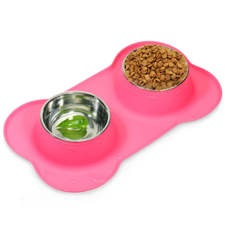 AsFrost Dog Food Bowls Stainless Steel Pet Bowls & Dog Water Bowls with No-Spill and Non-Skid, Feeder Bowls with Dog Bowl Mat for Dogs Cats and Pets-Pink, 24 0z in Total