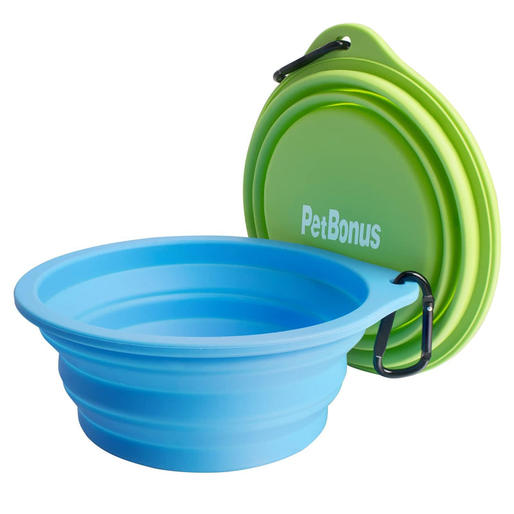 PetBonus 2-Pack Silicone Collapsible Dog Bowls, BPA Free Dishwasher Safe, Portable Foldable Expandable Travel Bowl, Food Water Feeding Cup Dish for Dogs Cats with 2 Carabiners (Turquoise, Tan)