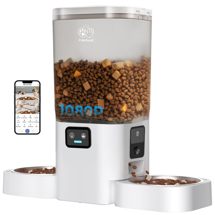 Frienhund Automatic Cat Feeder 2 Cats with Slow Feed: Dual Automatic Dog Feeder with 5G WiFi, Cat Food Dispenser with APP Control for Multiple Pets, Detachable for Easy Clean, Double Pet Bowl - 29 Cup