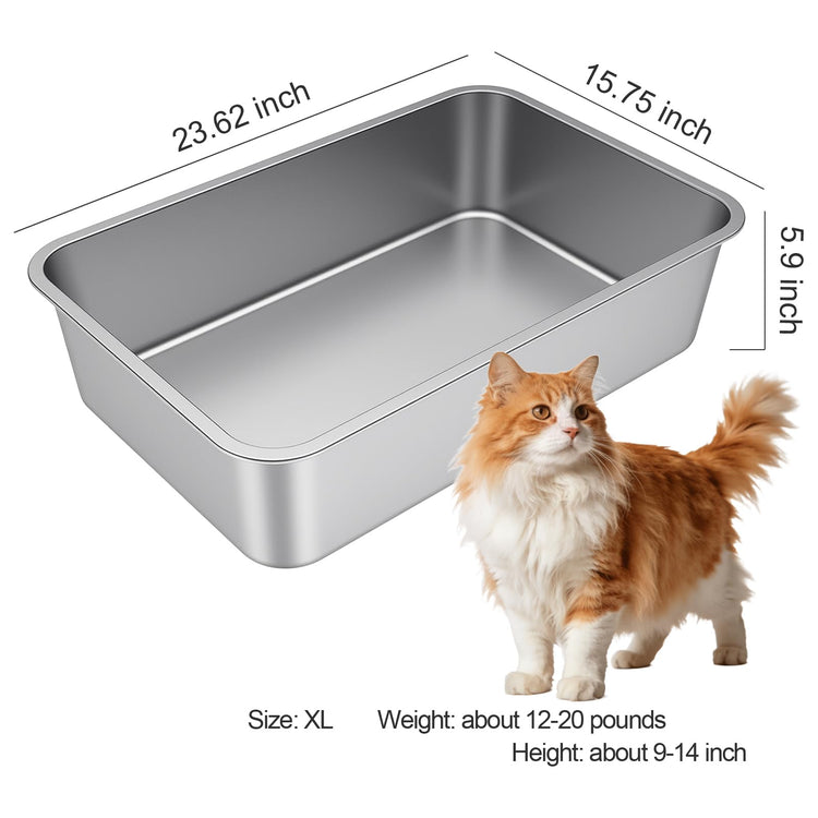 Stainless Steel Litter Box with High Sided, Metal Cat Litter Box, Odor-Free, Non-Stick Litterbox Pan, Easy to Clean Pet Supplies Toilet Tray for Indoor Cats, Kittens or Multicat Homes