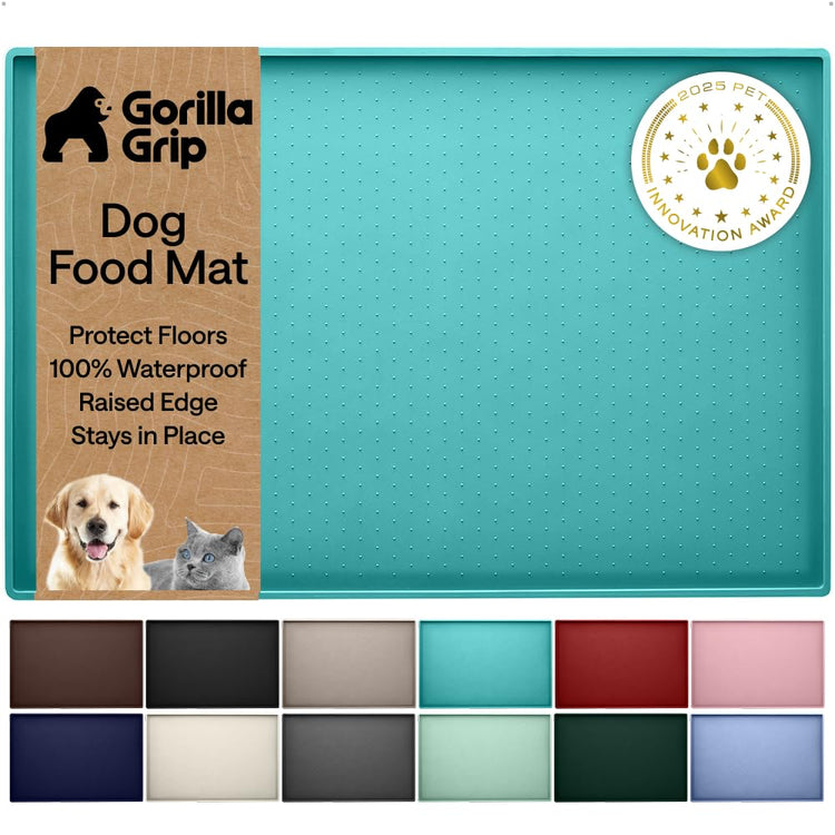 GORILLA GRIP 100% Waterproof Raised Edge BPA Free Silicone Pet Feeding Mat, Dog Cat Food Mats Contain Spills Protects Floors, Placemats for Cats and Dogs Water Bowl, 18.5x11.5, Gray