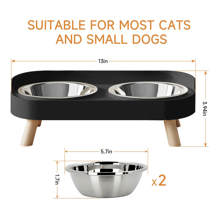 Elevated Cat Bowl, Raised Cat Food and Water Bowl Set for Indoor Cats, Splash Proof with 2 Stainless Steel Pet Food Bowls for Cats and Puppies, Whisker Fatigue and Dishwasher Safe - White