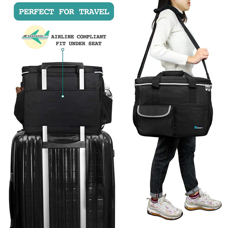 PetAmi Dog Travel Bag Organizer, Pet Travel Kit with 2 Food Containers & 2 Collapsible Dog Bowls, Pet Supplies Tote with Luggage Sleeve, Weekend Road Trip Camping Essentials, Dark Gray, Medium