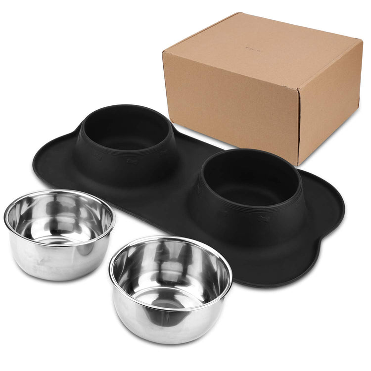 AsFrost Dog Food Bowls Stainless Steel Pet Bowls & Dog Water Bowls with No-Spill and Non-Skid, Feeder Bowls with Dog Bowl Mat for Dogs Cats and Pets-Pink, 24 0z in Total