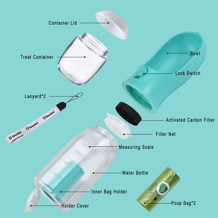 Cibaabo Dog Water Bottle with Food Container & Poop Bag Holder, Travel Water Bowl, Portable Pet Dispenser, Dog Gifts Stuff Accessories Items, Puppy Essentials for Yorkie Chihuahua Walking Hiking