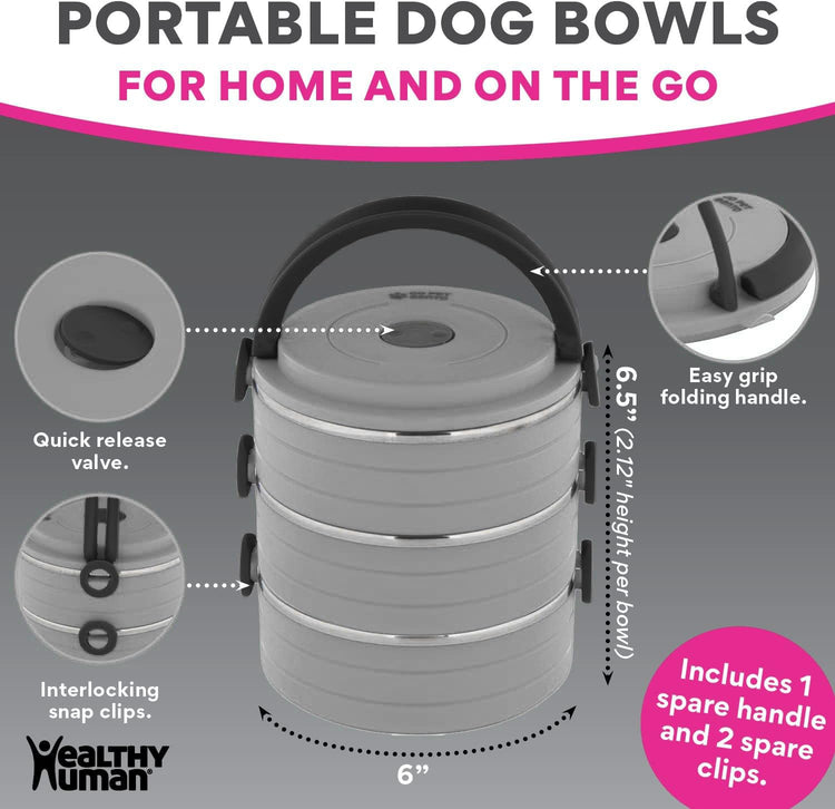 Healthy Human Travel Pet Bento Bowls - Human-Grade Stainless Steel & BPA-Free, Leak-Proof Water & Food Container Set for Dogs & Cats, 4-Pack Interlocking Bowls, Includes Spare Clips & Handle (Pink)