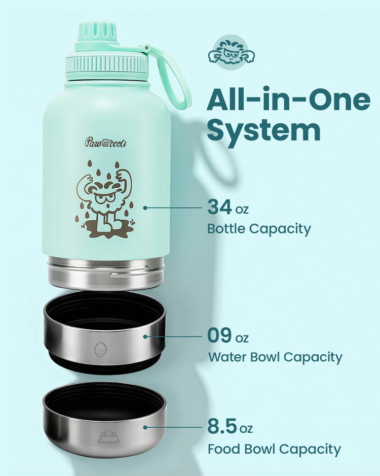34oz Dog Water Bottle, Stainless Steel Dog Water Bottle Dispenser with Detachable Food & Water Bowls, Keeps Water Hot/Cold, for Walking, Hiking, Camping(Cream)