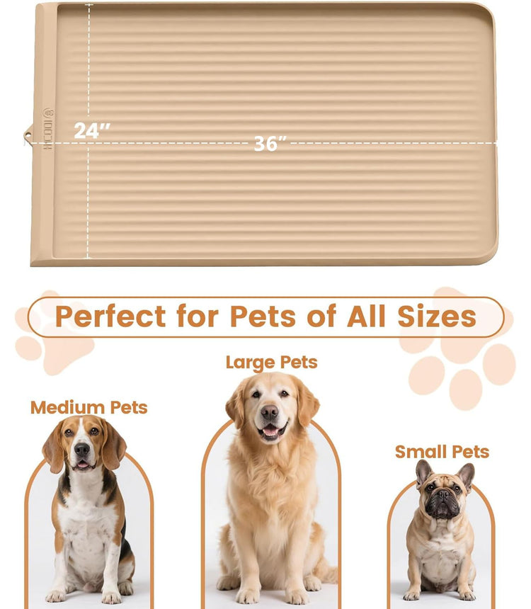 Dog Food Mat 36"x24", Waterproof Pet Feeding Mat with Diversion Grooves and Raised Edges, Large Non-Slip Dog Bowl Mat for Food and Water, Cat Food Mat for Floors, Easy to Clean, Grey