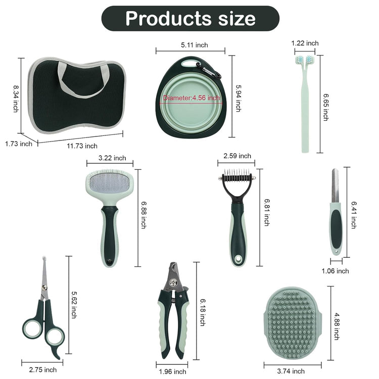 PetsBuzz 8 in 1 Pet Grooming Kit Brush, Cat Dog Grooming Kits at Home, Nail Clipper and File, Self Cleaning Deshedding Pet Brush,Undercoat Rake Detangler, Toothbrush, Collapsible dog Bowl
