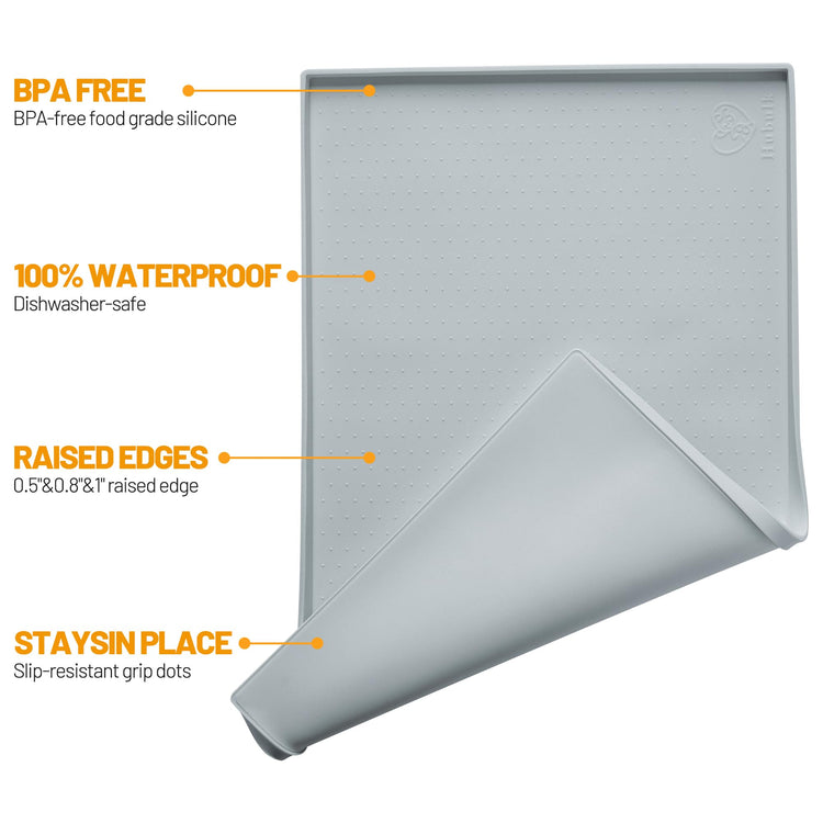 Hubulk Dog Feeding Mat,100% Waterproof Food Grade Silicone Pet Food and Water Bowl Placemat,Dishwasher, High Raised Edge to Prevent Spills,Nonslip Tray to Stop Messes on Floor (19"x12"x0.5", Grey)