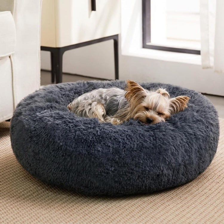 WNPETHOME Calming Dog Bed & Cat Bed, Anti-Anxiety Donut Small Dog Bed, Fluffy Faux Fur Cats Cushion Puppy Bed for Small Pets and Cats (24 x 24 inch, Light Coffee)