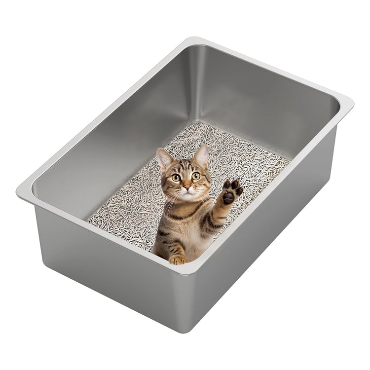 Kirecoo Stainless Steel Cat Litter Box - Metal High Sided Cat Pan, Large Stainless Steel Box, Indoor Litter Tray, Non Stick, No Smell, Easy to Clean, Pet Toilet Supplies for Kitten, Kitty, Rabbit