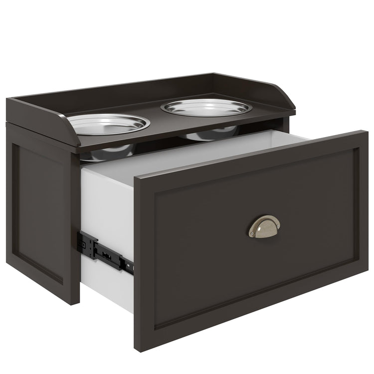 PawHut Dog Feeding Station with Storage Drawer, Dog Food Storage Cabinet with 2 Removable Elevated Pet Bowls for Large Sized Dogs, Coffee