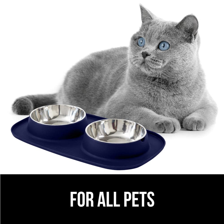 GORILLA GRIP Feeding Mat Set, Patent Pending 100% Waterproof BPA Free Silicone, Stainless Steel Cat and Dog Bowls, Slip Resistant, 1 Black mat/tray with 2 stainless steel bowls