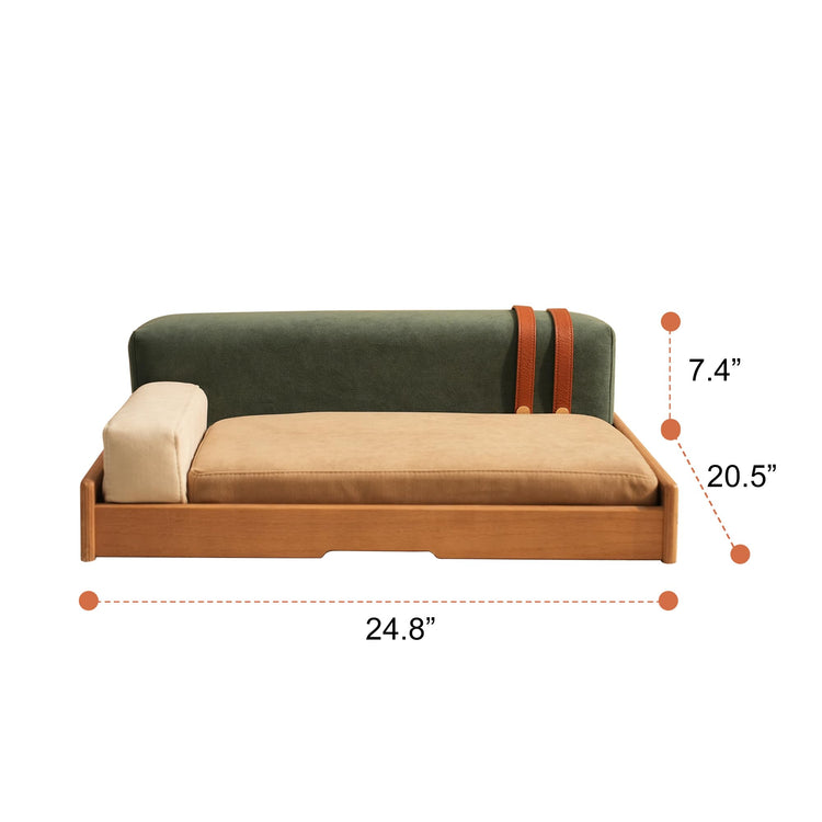 GDFStudio 27.6" Wooden Pet Bed for Cats and Dogs, Oak Veneer Frame with Washable Cushion, Scratch-Resistant Fabric, Elevated Pet Sofa Bed with Hanging Toy and Non-Slip Feet for Medium to Large Pets