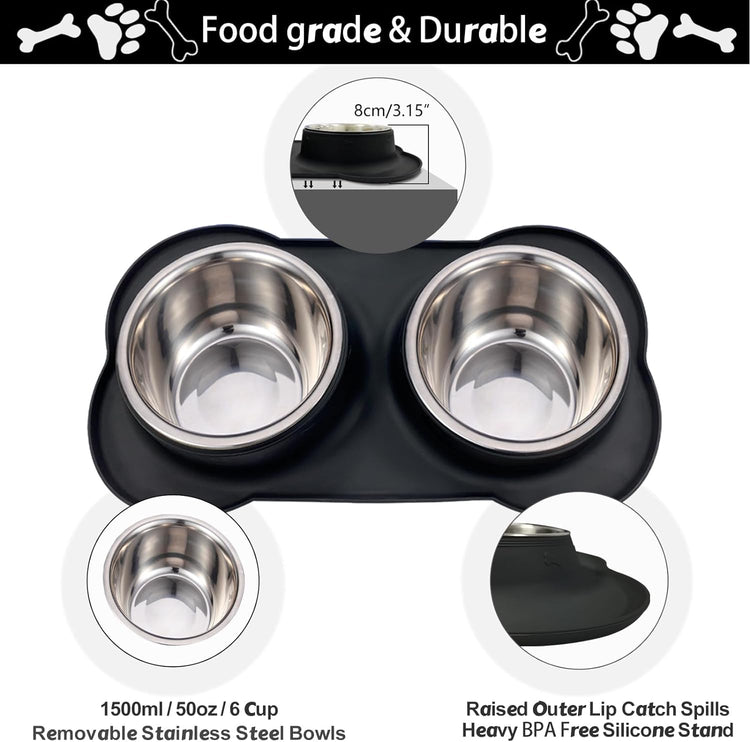 AsFrost Dog Food Bowls Stainless Steel Pet Bowls & Dog Water Bowls with No-Spill and Non-Skid, Feeder Bowls with Dog Bowl Mat for Dogs Cats and Pets-Pink, 24 0z in Total