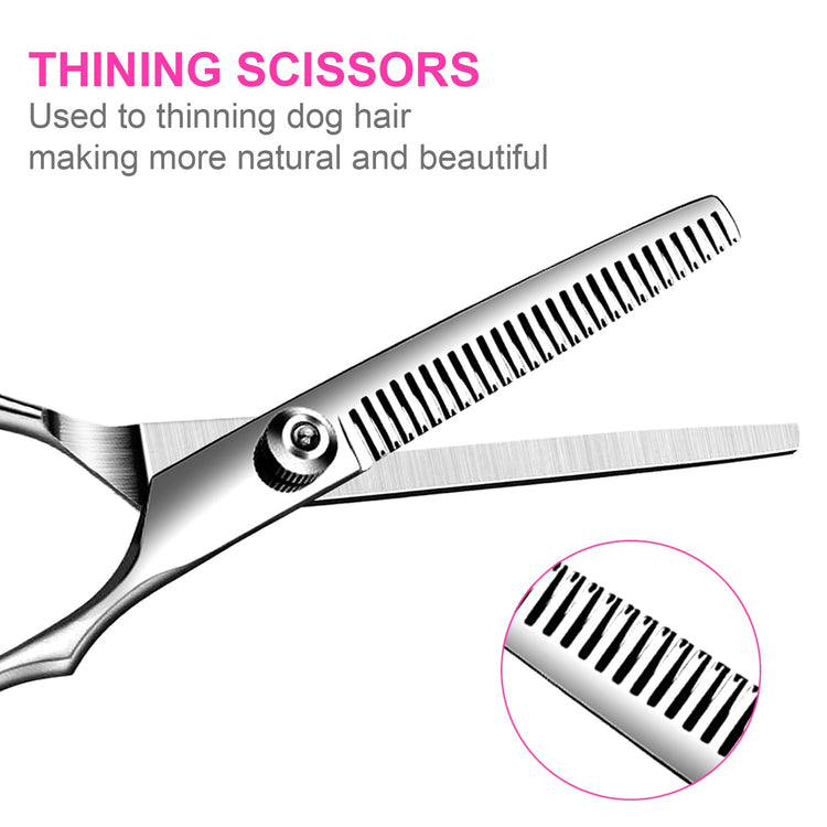 TINMARDA Dog Grooming Kit, Professional Stainless Steel Dog Grooming Scissors with Curved Shears, Pink Finger Rings - 5 Piece Sharp Durable Pet Shears for Dogs Cats At Home Salon-Quality Grooming