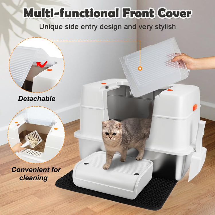 Vivifying Stainless Steel Litter Box, XL Side Entry Extra Large Litter Box with Lid for Big Cats & Kitty, Removable Enclosed Metal Cat Pan with High Sided Enclosure, Scoop (Black)