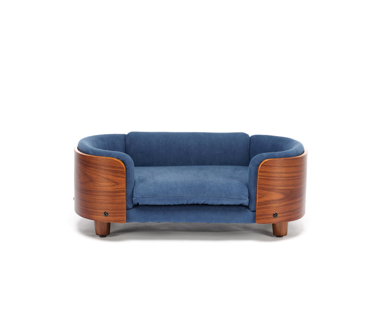 HomSof 26.38" Scandinavian Style Elevated Dog Cat Bed Pet Sofa with Solid Wood Legs and Bent Wood Back with Velvet Cushion,Small Size，Navy+Brown