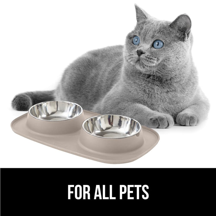 GORILLA GRIP Feeding Mat Set, Patent Pending 100% Waterproof BPA Free Silicone, Stainless Steel Cat and Dog Bowls, Slip Resistant, 1 Black mat/tray with 2 stainless steel bowls
