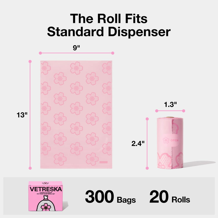 VETRESKA Dog Poop Bag Dispenser with Cherry Blossom Scented Poop Bags, Leak Proof and Extra Thick Pet Waste Bags, 1 Poop Bag Holder and 105 Bags for Dog Walking and Cats Litter, Pink