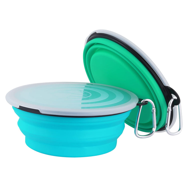 SLSON Collapsible Bowl with Cover Lids,2 Pack Dog Travel Bowls Portable Foldable Cat Water Dish Bowl for Pets Walking Parking Camping (Light Blue and Green, Small)