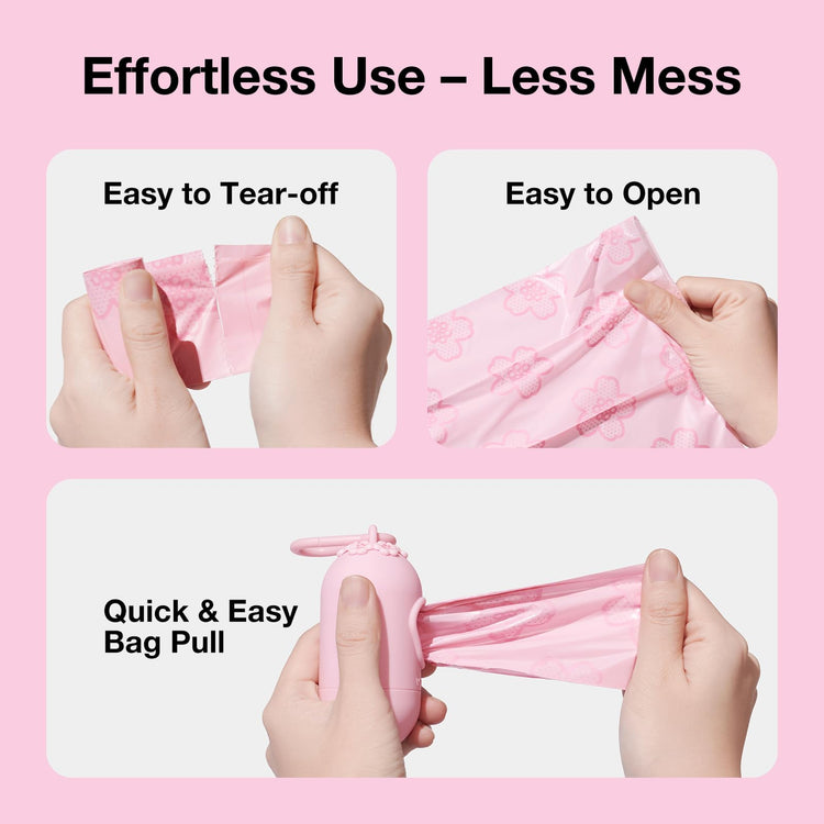 VETRESKA Dog Poop Bag Dispenser with Cherry Blossom Scented Poop Bags, Leak Proof and Extra Thick Pet Waste Bags, 1 Poop Bag Holder and 105 Bags for Dog Walking and Cats Litter, Pink