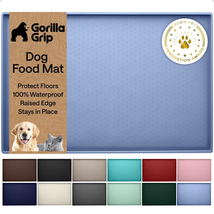 GORILLA GRIP 100% Waterproof Raised Edge BPA Free Silicone Pet Feeding Mat, Dog Cat Food Mats Contain Spills Protects Floors, Placemats for Cats and Dogs Water Bowl, 18.5x11.5, Gray