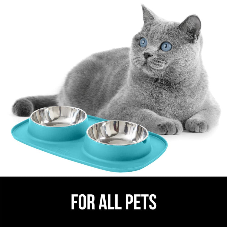 GORILLA GRIP Feeding Mat Set, Patent Pending 100% Waterproof BPA Free Silicone, Stainless Steel Cat and Dog Bowls, Slip Resistant, 1 Black mat/tray with 2 stainless steel bowls