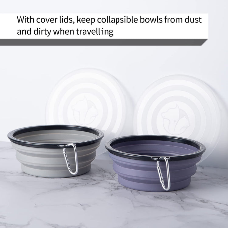 SLSON Collapsible Bowl with Cover Lids,2 Pack Dog Travel Bowls Portable Foldable Cat Water Dish Bowl for Pets Walking Parking Camping (Light Blue and Green, Small)