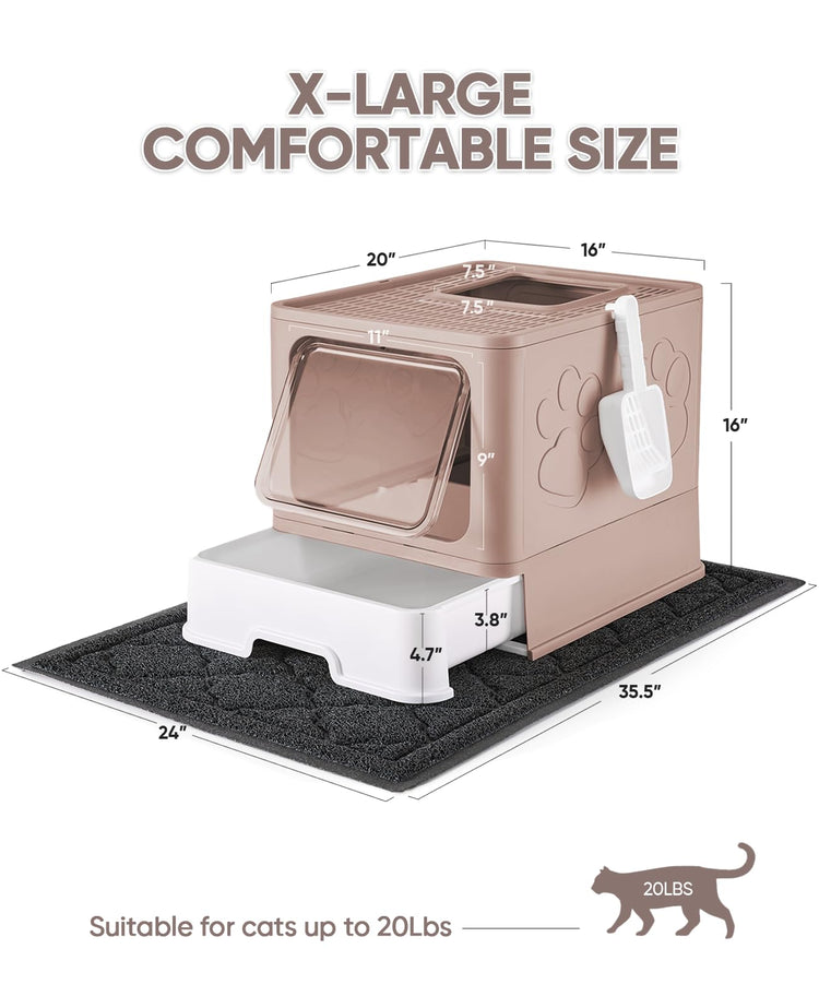 Medario Cat Litter Box with Litter Mat and Scoop, Large Covered Litter Box with Lid, Enclosed Kitty Box, Front Entry Top Exit, Odor Control, Easy to Clean (Grey)