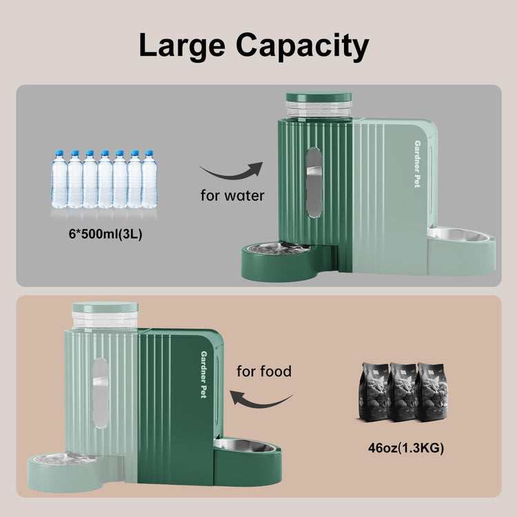 Gardner Pet Automatic Gravity Cat Food Feeder and Water Dispenser Stainless Steel Two-in-One Set Large Capacity Dispenser for Pets Dogs, Puppies, Kittens-(0.8 Gallons x 2)