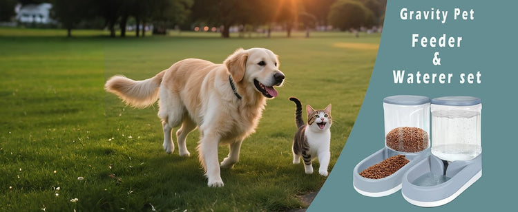MOLOPARTY Automatic Dog Cat Feeder and Water Dispenser Gravity Food Feeder and Waterer Set with Pet Food Bowl for Small Medium Dog Puppy Kitten, Large Capacity 1 (Pet Feeder and Waterer Set)