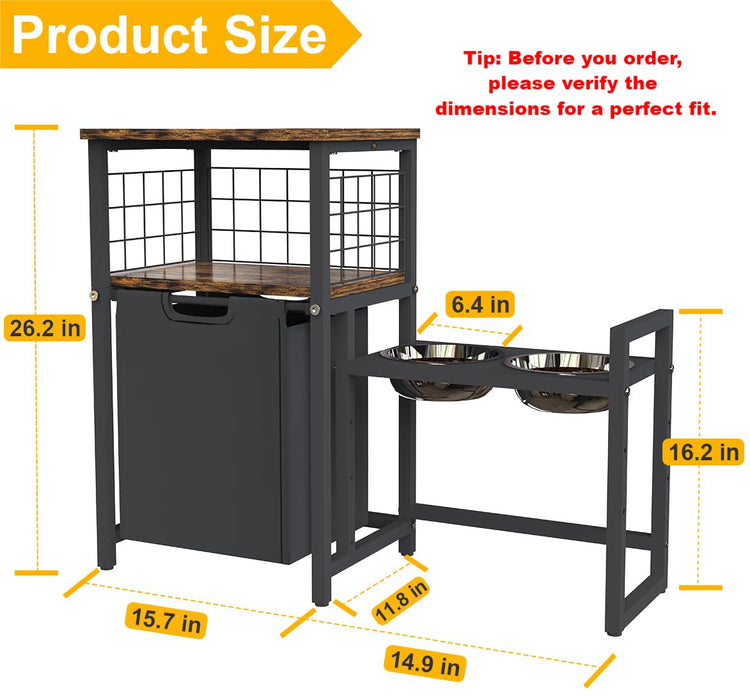 30.6Long x 26.2 High Elevated Dog Bowl Stand with Pet Food Storage Organizer, Adjustable Raised Feeding Station with Toy Basket for Large Medium Small Dogs and Cats, Black