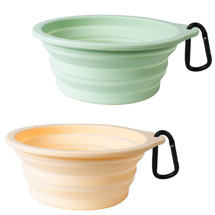 PetBonus 2-Pack Silicone Collapsible Dog Bowls, BPA Free Dishwasher Safe, Portable Foldable Expandable Travel Bowl, Food Water Feeding Cup Dish for Dogs Cats with 2 Carabiners (Turquoise, Tan)