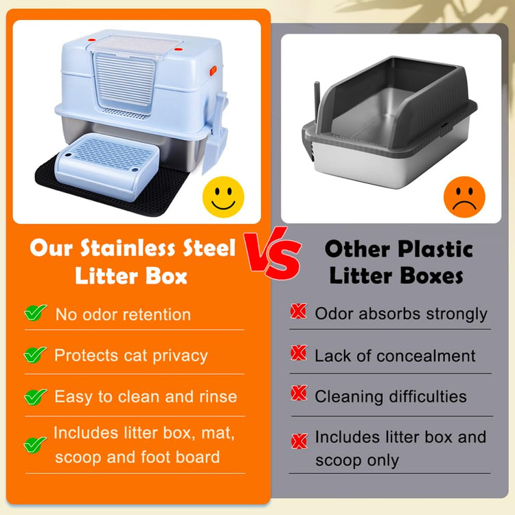 Vivifying Stainless Steel Litter Box, XL Side Entry Extra Large Litter Box with Lid for Big Cats & Kitty, Removable Enclosed Metal Cat Pan with High Sided Enclosure, Scoop (Black)