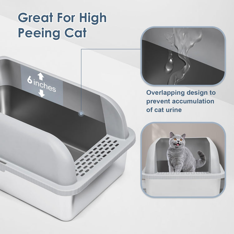 Extra Large Stainless Steel Litter Box with Lid, High Sides Enclosed Cat Litter Box for Big Cats & High Peeing, Anti-Leak & Odor Control Metal Litter Pan, Easy Clean Non-Stick Kitty Litter Box