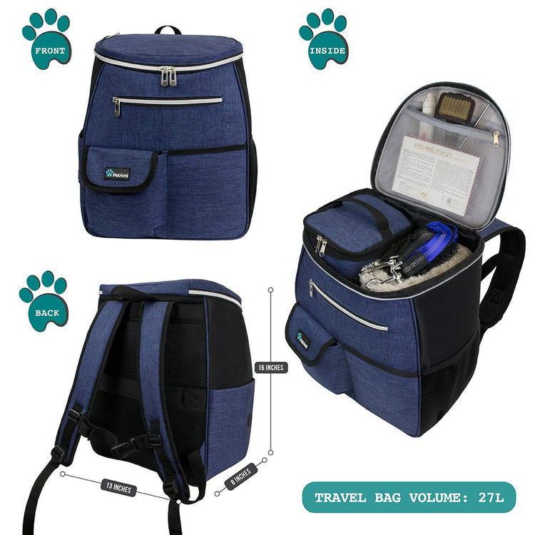 PetAmi Dog Travel Bag Backpack, Airline Approved Dog Bags for Traveling, Puppy Diaper Bag Supplies, Pet Camping Essentials Hiking Accessories Dog Mom Gift, Food Container, Collapsible Bowls, Gray
